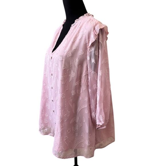 New BLOOMCHIC Women's Pink Chiffon Plain Textured Ruffle Trim Blouse Size 14-16 - Picture 5 of 9